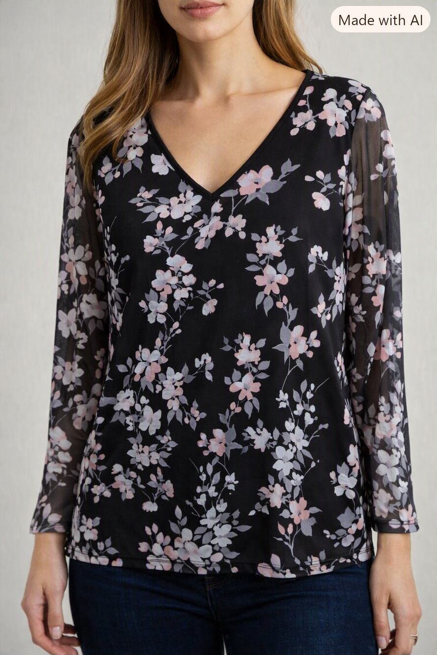Calvin Klein Lined Chiffon Floral Blouse Black Pink V‑Neck Sheer L/Slv Med Chic